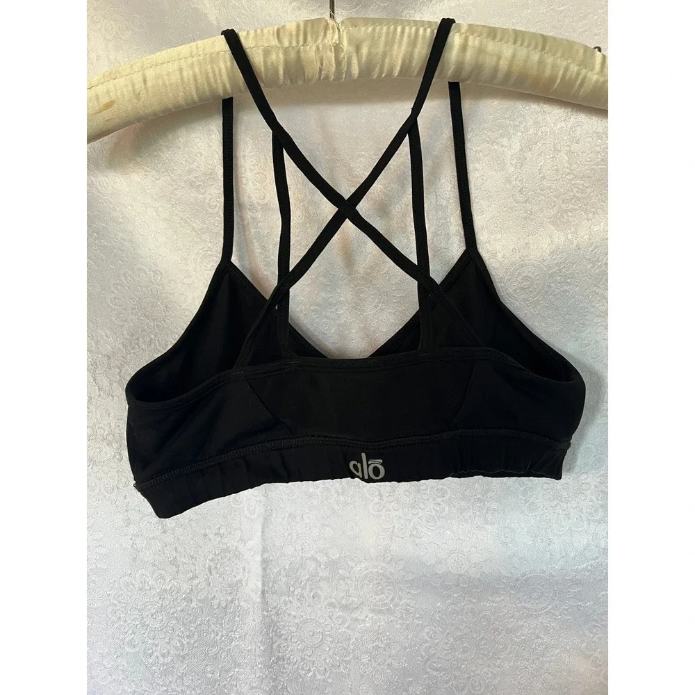 Alo Yoga Black Strappy Cross Back Mesh Inset V-Neck Sports Bra Activewear (XS?)